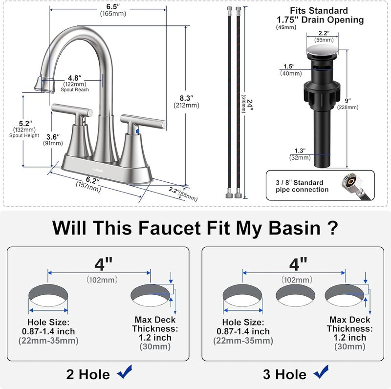 Hurran Bathroom Faucets for Sink 3 Hole, 4 inch Brushed Nickel Bathroom Sink Faucet with Pop-up Drain and Supply Hoses, Stainless Steel Lead-Free Centerset Faucet for Vanity RV, 2 Pack - Image 5
